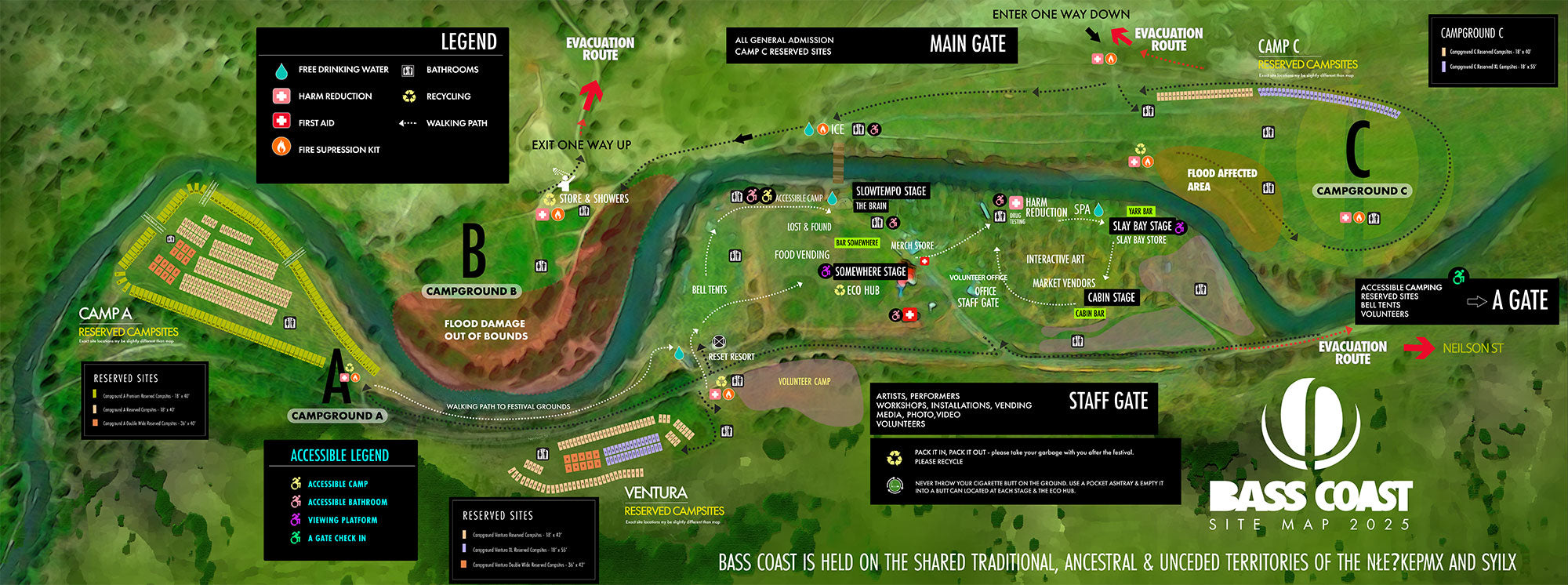 Bass Coast Survival Guide 1 Bass Coast festival map showing stages, camping areas, services, and arrival routes.