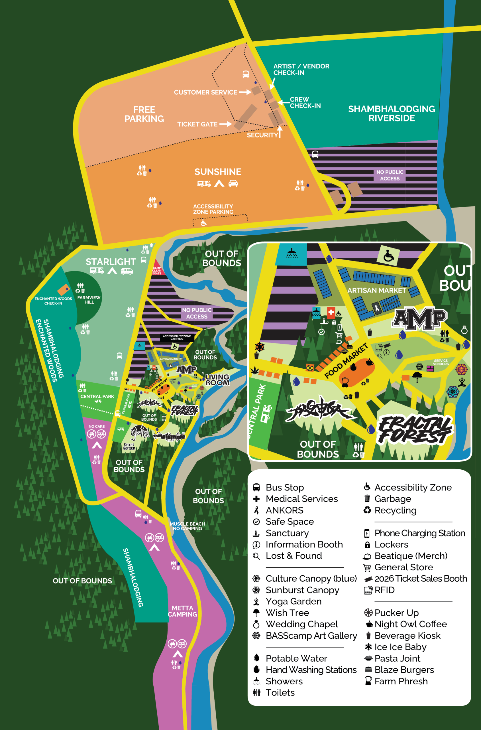 Shambhala Survival Guide 1 Shambhala festival map showing stages, camping areas, services, and access routes.