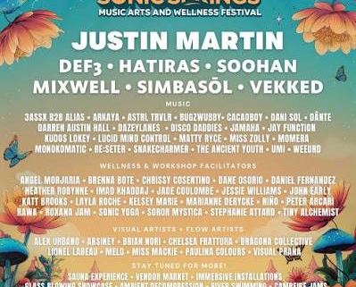 Sonic Springs 2026 lineup poster listing Justin Martin, DEF3, Hatiras, SOOHAN, Mixwell, Simbasol and Vekked, with August 13 to 17 dates.