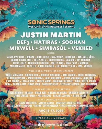 Sonic Springs 2026 lineup poster listing Justin Martin, DEF3, Hatiras, SOOHAN, Mixwell, Simbasol and Vekked, with August 13 to 17 dates.