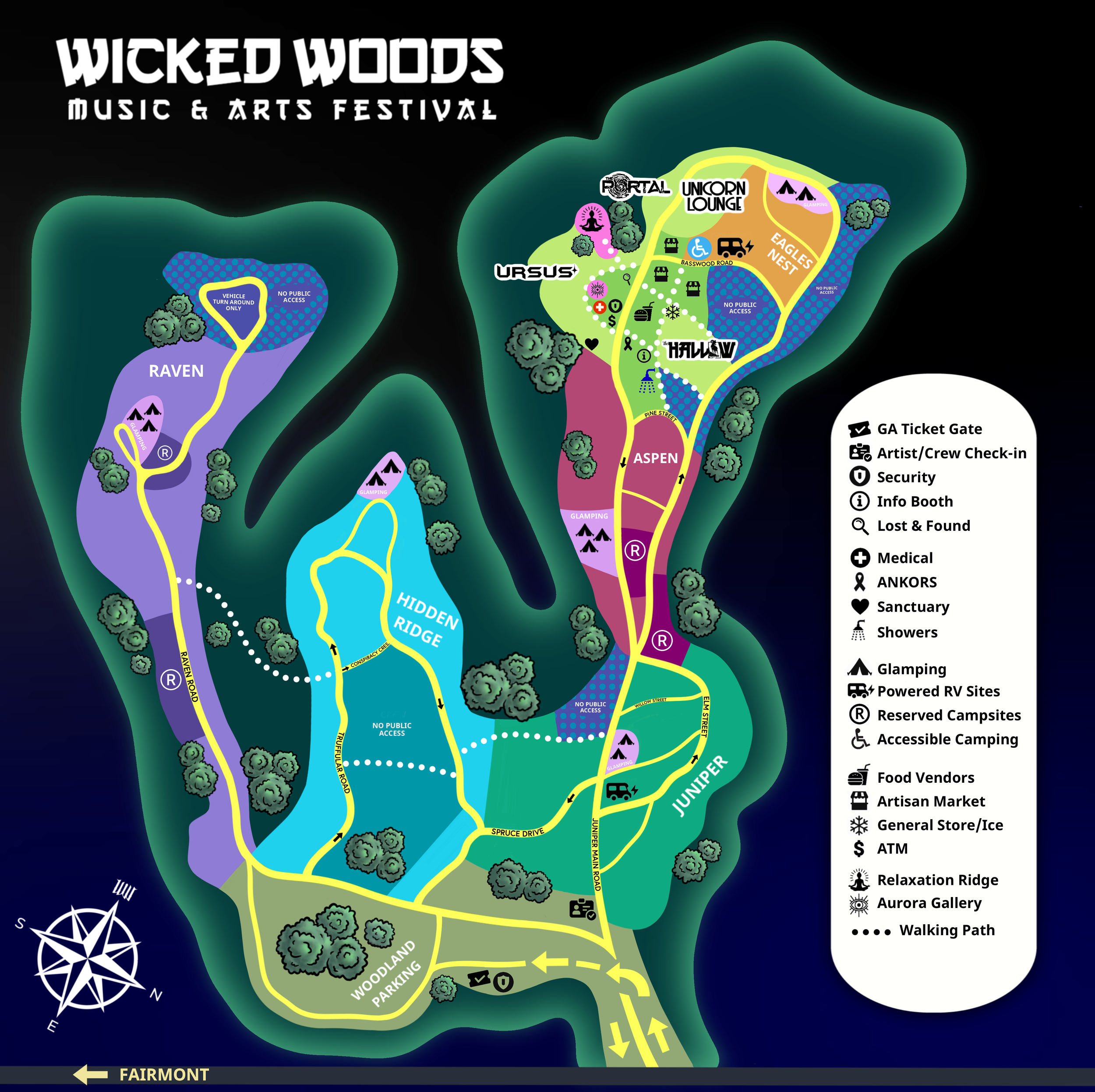 Wicked Woods '26 Survival Guide 1 Official Wicked Woods site map showing stages, camping, parking, medical, sanctuary, vendors and walking routes.